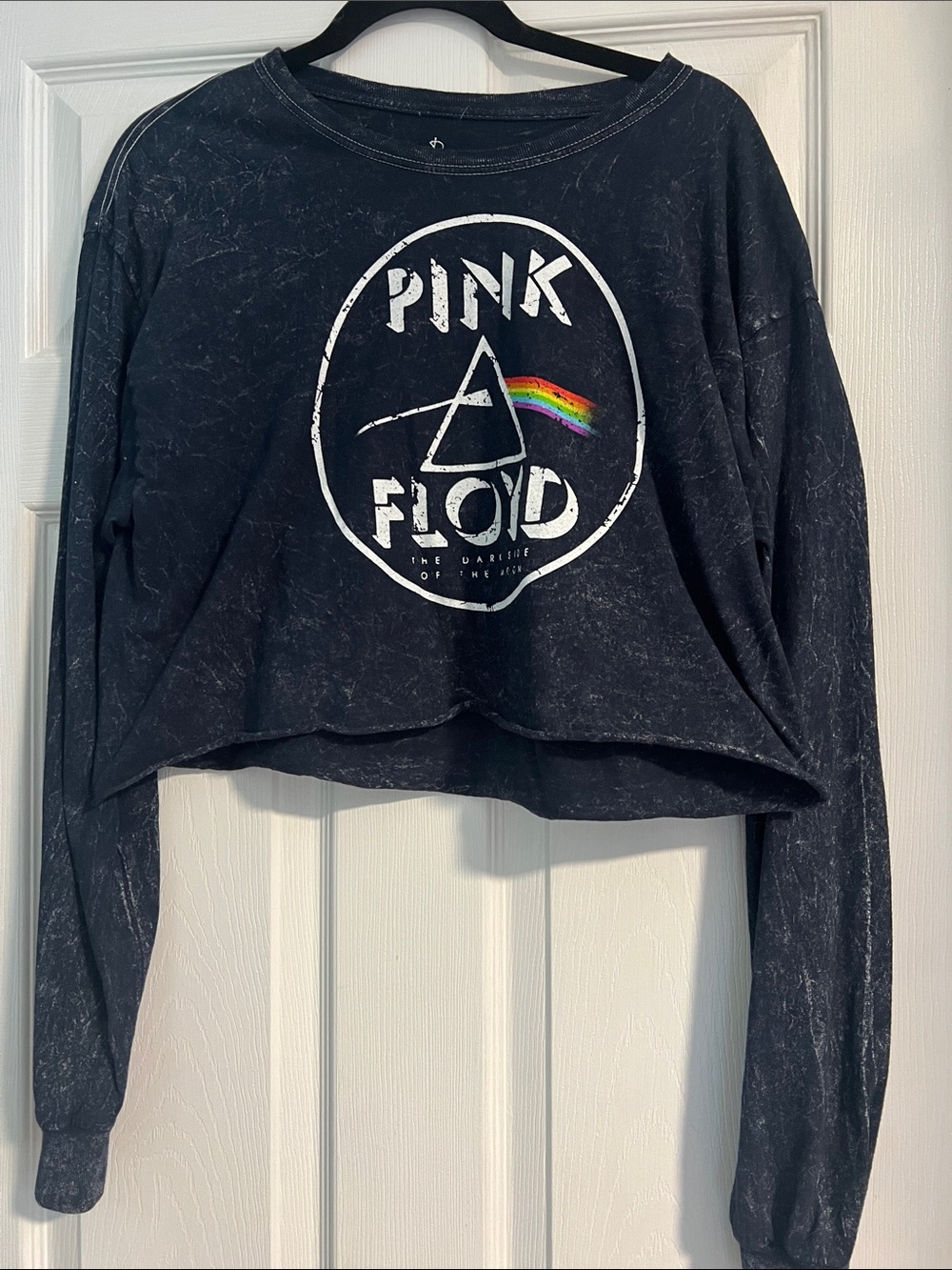 Pink Floyd Black Cropped Long Sleeve Tee with Rainbow Prism
